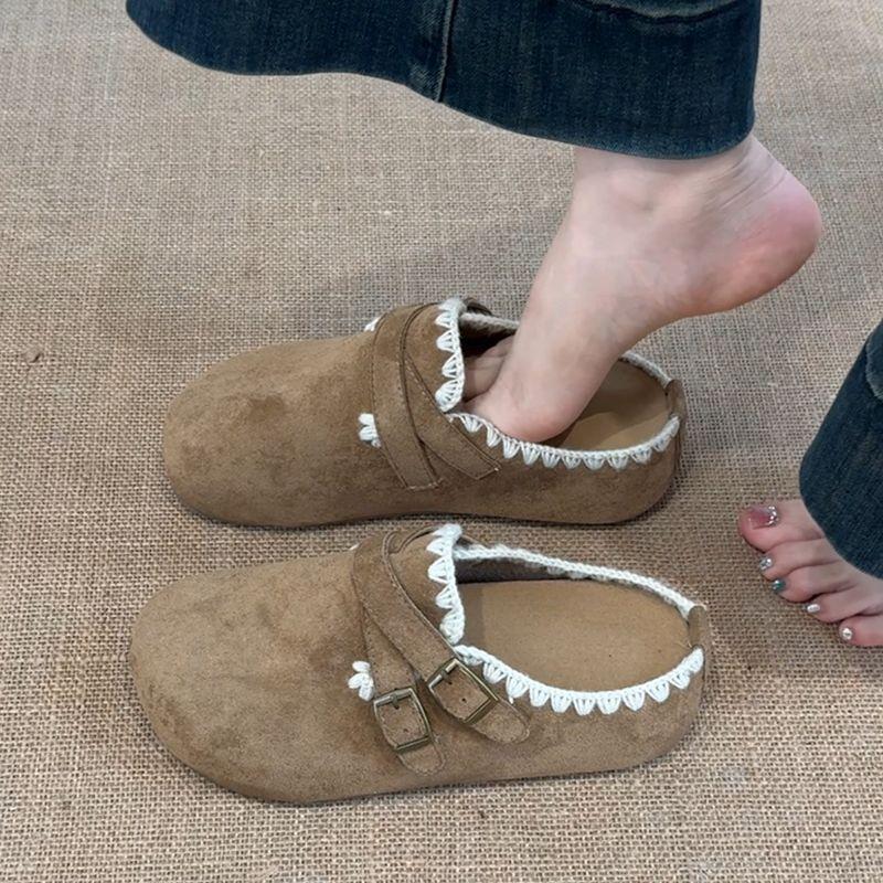 Retro and versatile girls' casual baotou drag autumn and winter Mori lotus leaf edge increases design sense Birkenbaotou drag tide