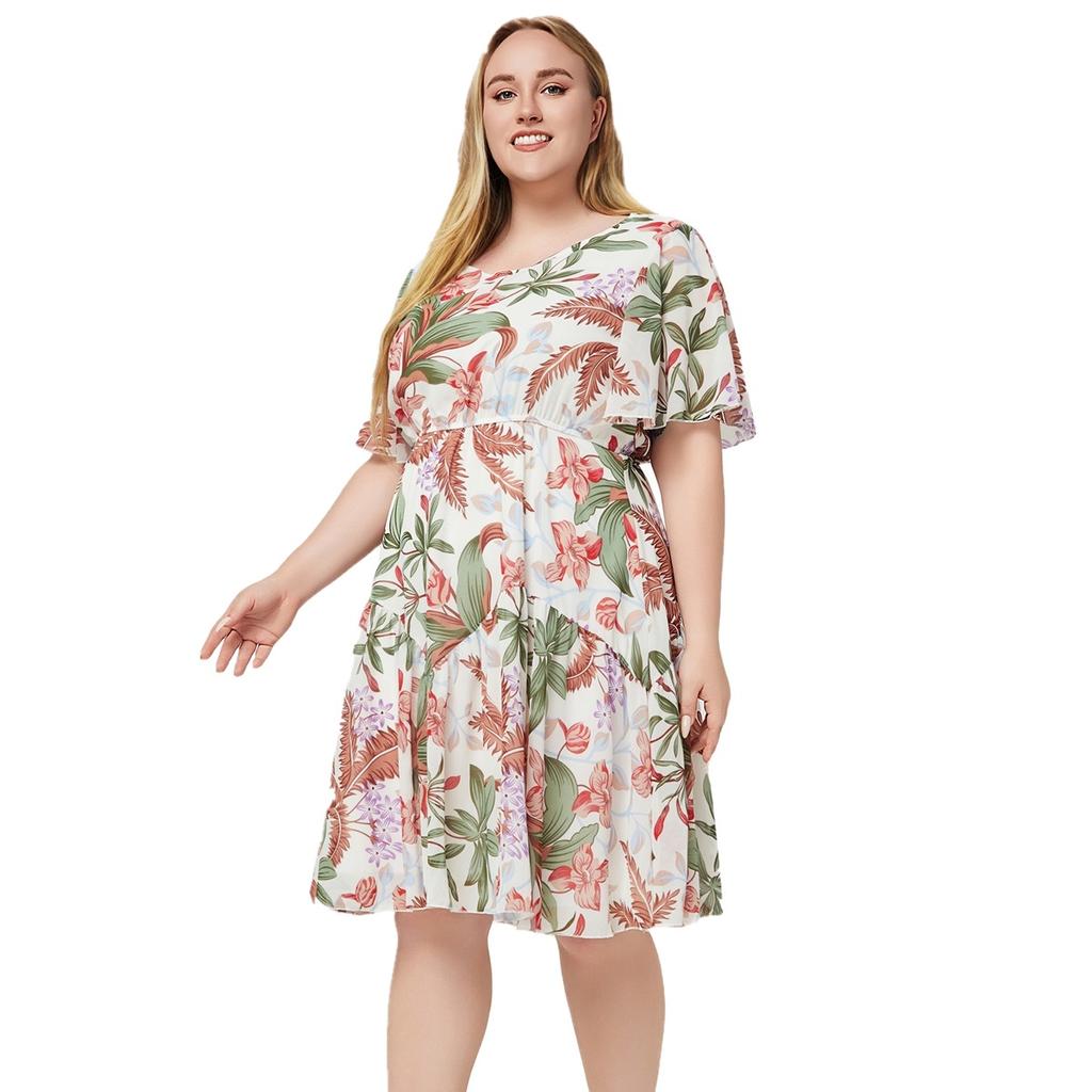 Plus Size Women's Dress Summer Round Neck Short Sleeve Printed Chiffon Dresses