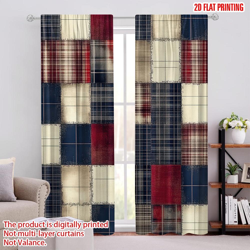 

Set Of 2 Flat Printing Curtains Plaid Polyester Without Electricity Spring Party Holiday Decor Curtain Machine Washable W100*H70(CM)-Hooks&1PCS