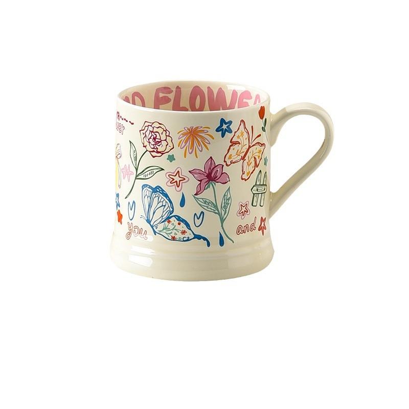 French Cup Illustration Style Mug High Looking Cute Cat Cartoon Pattern Water Cup Butterfly Ceramic Cup