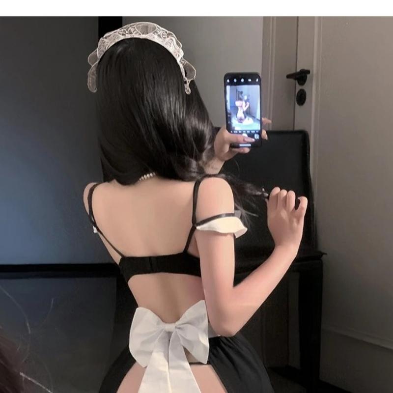 Sexy Cute Maid Cosplay Costumes Lace Up Bow Women Sexy Lingerie Lolita Servant Outfit Lace Server Roleplay Couples Sex Flirt Set With stockings