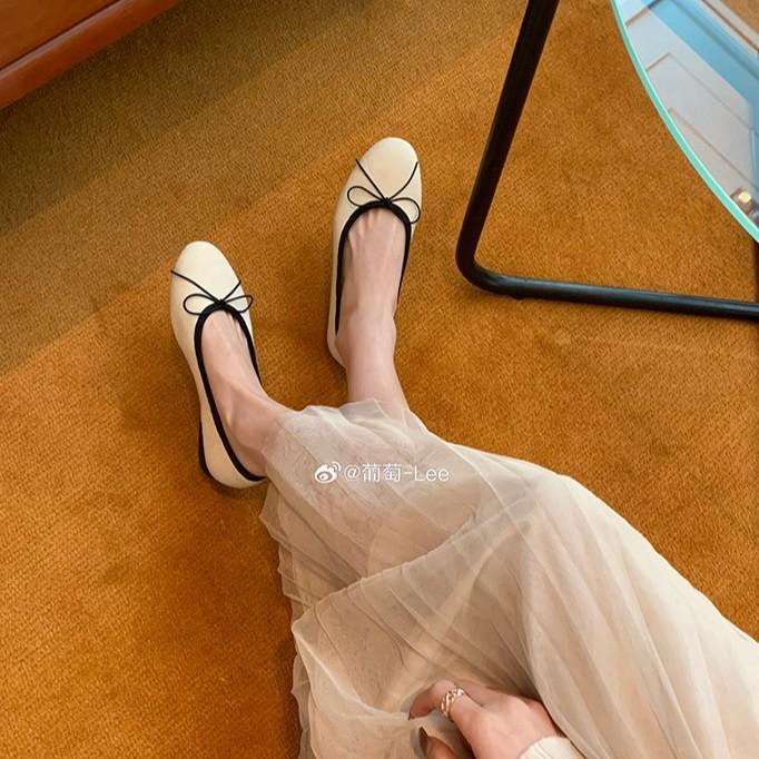 Leather version of grape mother, the same commuter shoes, round head bow, light mouth ballet style single shoes, women's ballet flats