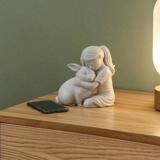 Girl And Bunny Figurine, 3D Printed Girl Embrace Rabbit Statue, Small Cute Animal Ornament for Living Room, Desk, Cabinet Decor