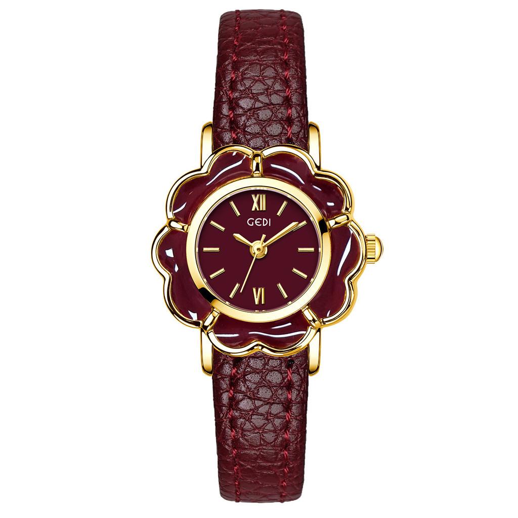 

Fashion Flower Petal Shape Womens Quartz Watch With Leather Strap For Elegant Dressers Red