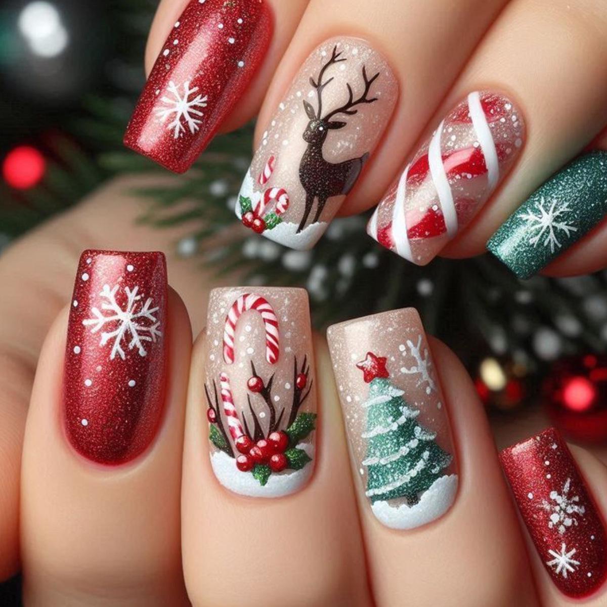 Elk Red & White Snowflake Wearable Christmas Tree Nails - Detachable False Nails