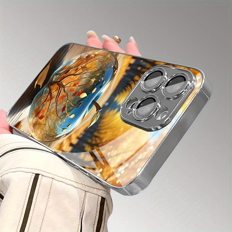 Minimalistyczne Złote Etui z Nadrukiem Jabłka na Szkle Galwanizowanym do Telefonu iPhone 17 16 15 14 13 12 11 Pro Max Plus 16E 17 Air Cover