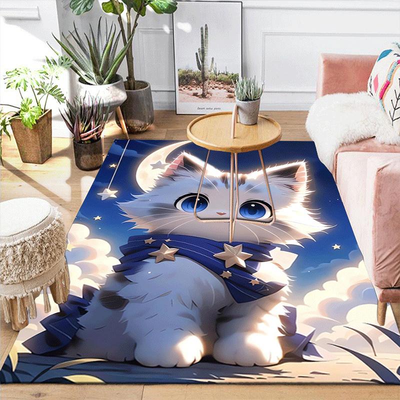 1pc Cute White Cat Print, Design Indoor Area Rug, Soft, Anti-Slip, and Durable Gaming Room Decor for Bedroom, Living Room, and Exercise Rugs
