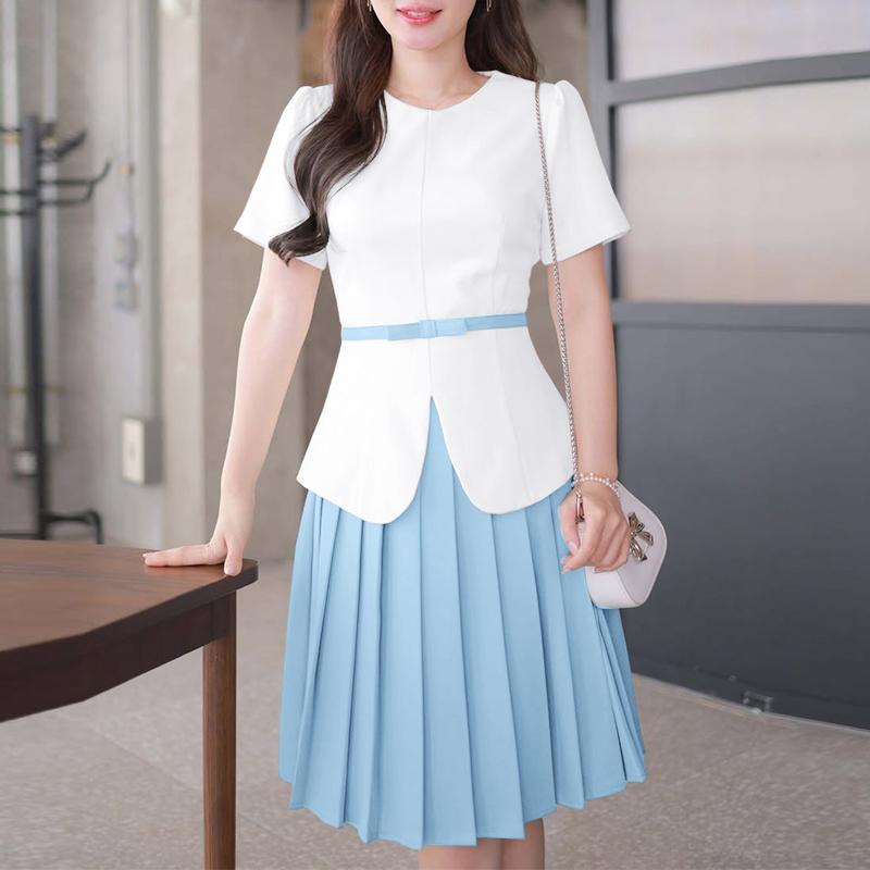 ZANZEA Womens Casual Round Neck Pleated Hem Patchwork Commute Short Sleeve Dress S синий