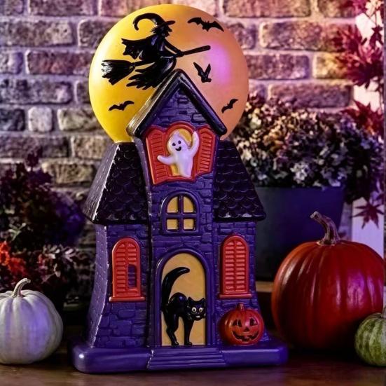 Witch Moon Glow Lanterns Halloween Haunted House Blow Mold Light, Vintage Pre-Lit Mansion Decor with Glowing Style Molded Ghost Black Cat, Indoor