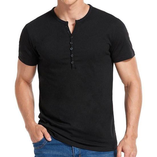 V-Neck Buttons Half Placket Short Sleeve Men T-shirt Summer Solid Color Simple Tee Shirt Streetwear