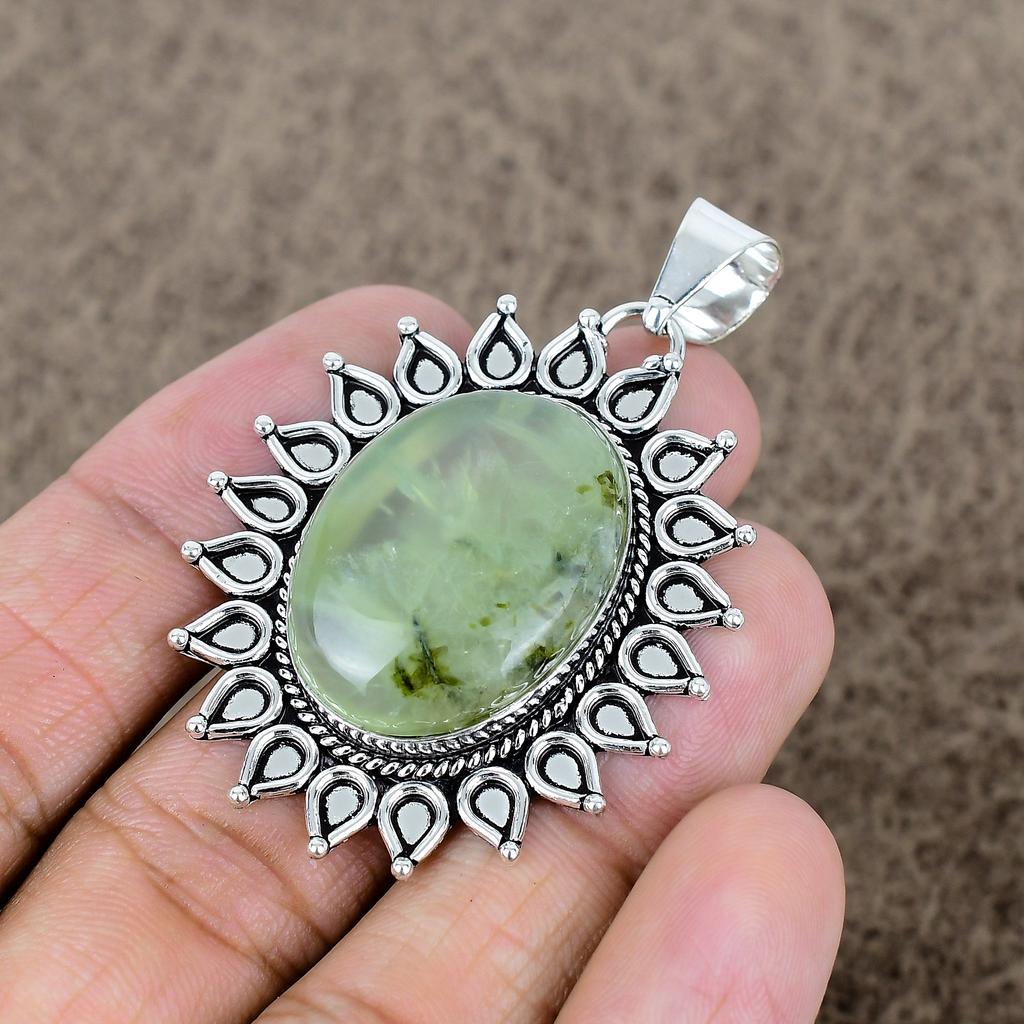 Prehnite Gemstone Handmade 925 Sterling Silver Jewelry Pendant 2.29" KKG-720