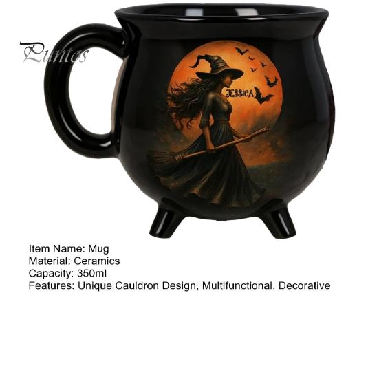 Kaffee Milch Heiße Schokolade Tasse Halloween Hexe Kessel Tasse, 350ml Vintage Gotisch Dreibeiniger Zaubertopf, Tasse für Schwarze Katze Keramik Haus Und Büro Dekoration Drei