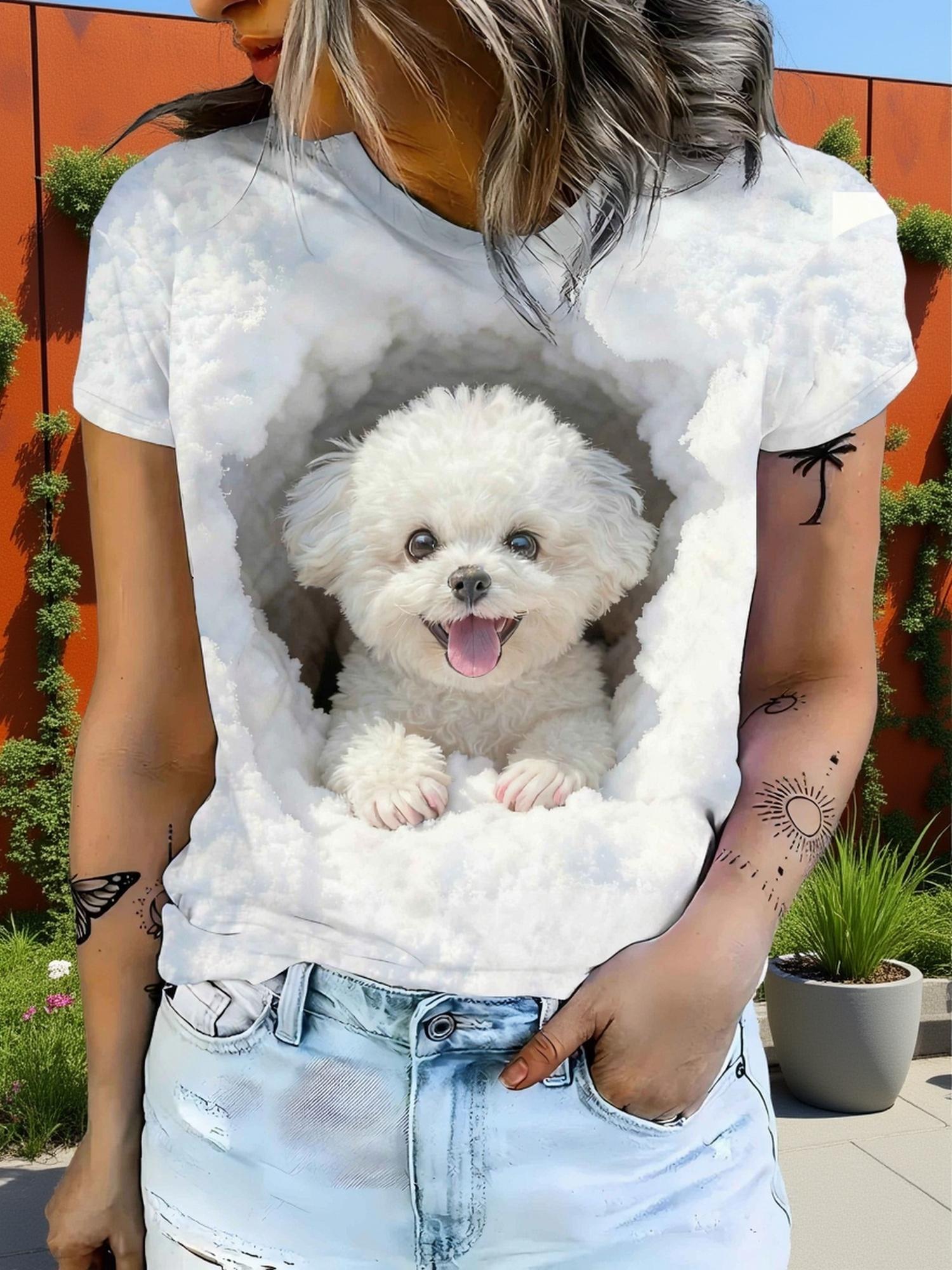 

Women s Cute White Cloud and Adorable Dog Print Short Sleeve T-Shirt Fresh Style Pet Top M дубильная кора