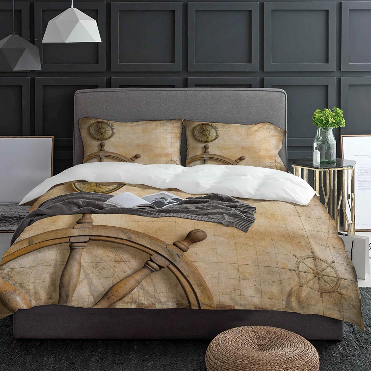 

Steering Wheel Compass Vintage Bedding Set 3pcs Duvet Cover Pillowcase Kids Adult Quilt Cover Double Bed Set Home Textile EU single(135x200cm)