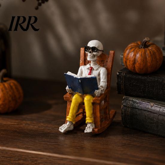 Collectible Skeleton Shelf Sitter Halloween Figurine, Resin Sitting On Rocking Chair Statue, Drinking Funny Dark Holiday Figurines Coffee Crocheting