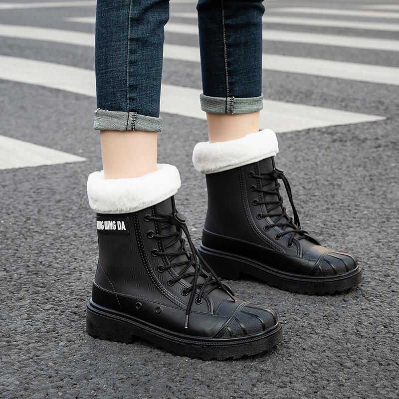 Rain Shoes Women's Middle Tube Fashion Outer Wear Platform Waterproof Shoes Non-slip Water Boots Velvet Kitchen Rubber Shoes Short Rain Boots
