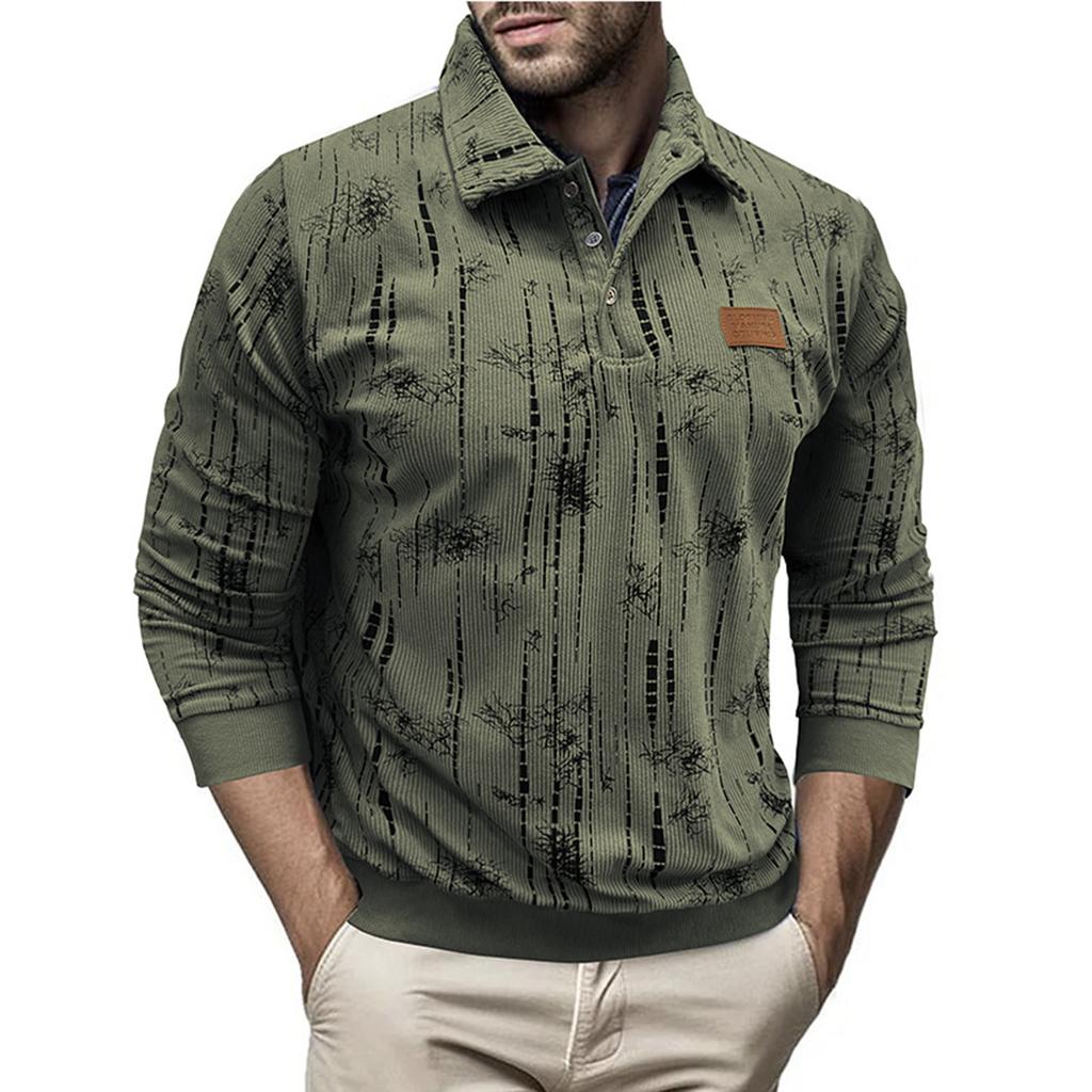 Men's Casual Loose Floral Top Lapel Button Long Sleeve Sweatshirt
