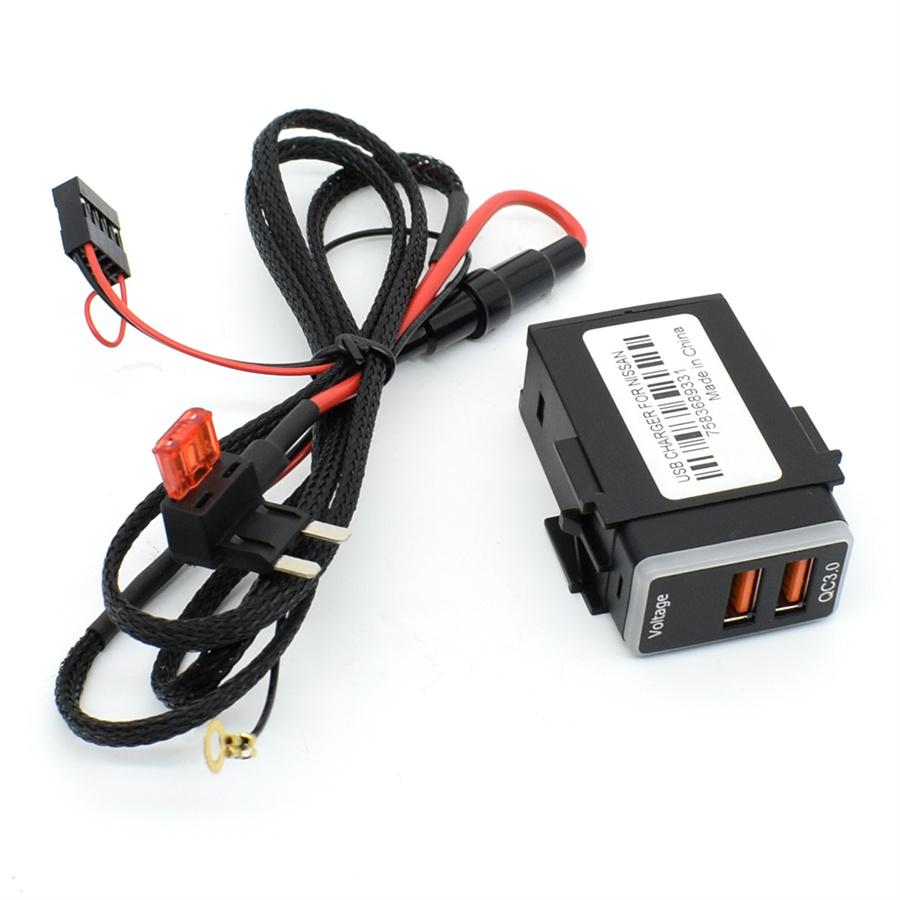 DC 12-24V Black QC3.0 Quick-Charger Dual USB Phone Adapter Port For Nissan Cars