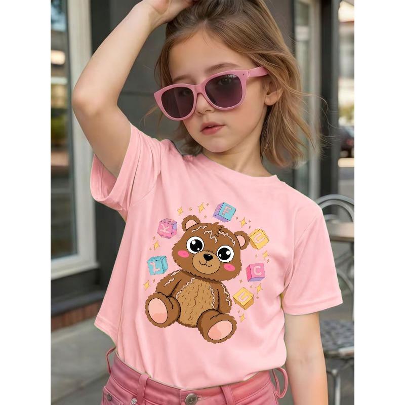 Girls Short Sleeve Crewneck T-Shirt, Cute Cartoon Bear With Colorful Letter Print Playful Casual Kids Tee