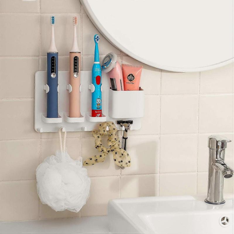 Adhesive Electric Toothbrush Holder Wall Mounted Razor Hanger Bathroom Organizer Box (White)