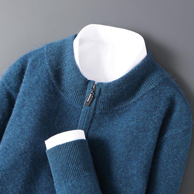 Men's 12-Gauge Zipper Sweater with Half-High Collar - Versatile Knitwear for Autumn/Winter Commute