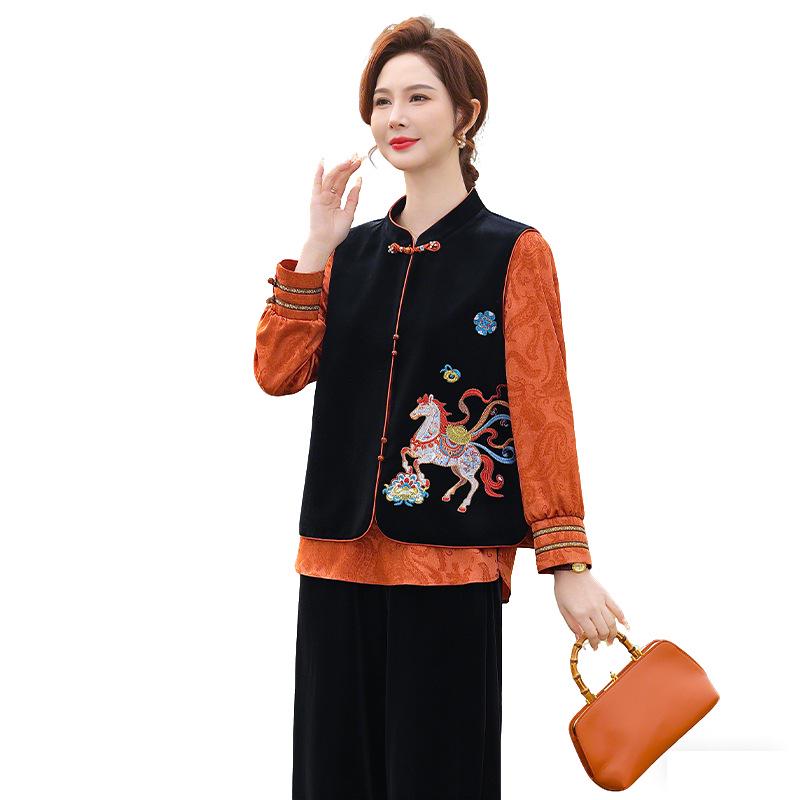 Zodiac Year Velvet Embroidered Vest for Middle-Aged Women - Color Block Stand Collar