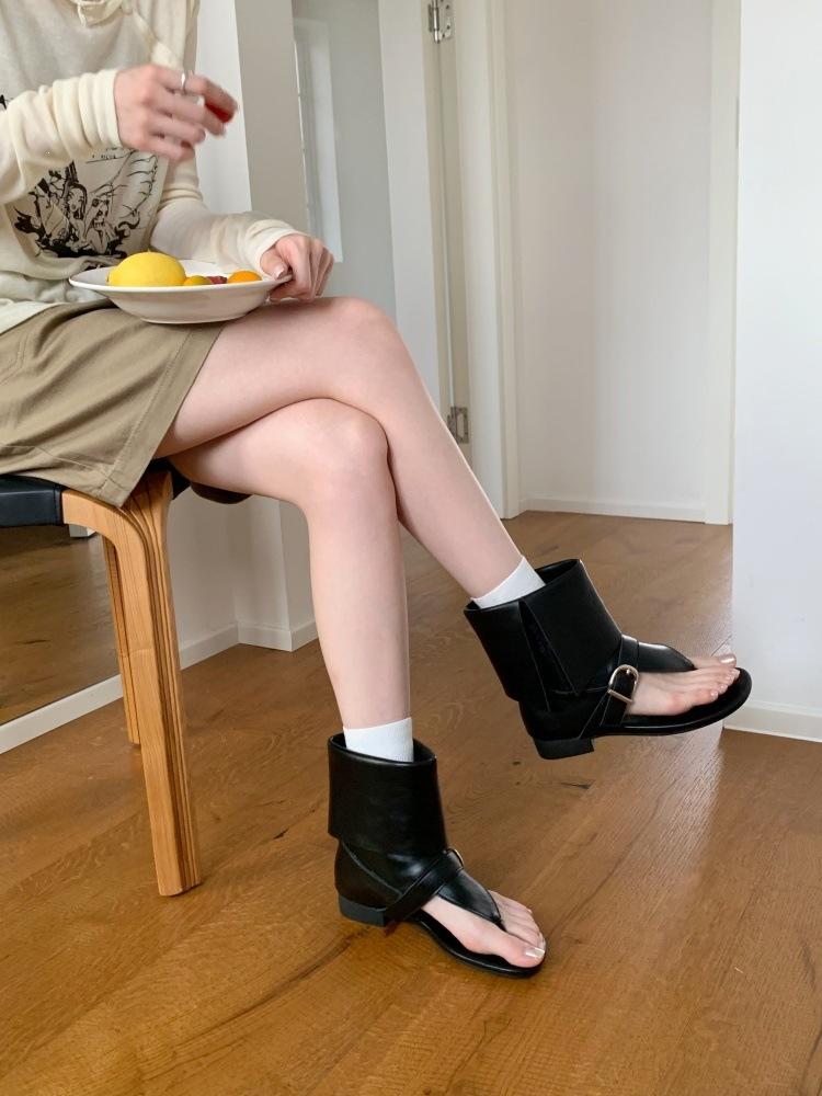 Vintage Suede Toe Roman Sandals Women'S Spring And Summer Spice Girls Cigarette Pipe Boots Herringbone Belt Buckle Flat Boots
