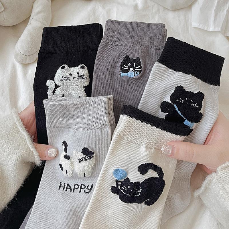 Women's Mid-calf Socks, Cute Plush Puppy, Bow Pile Socks, Pure Cotton Anti-pilling Women's Long Socks