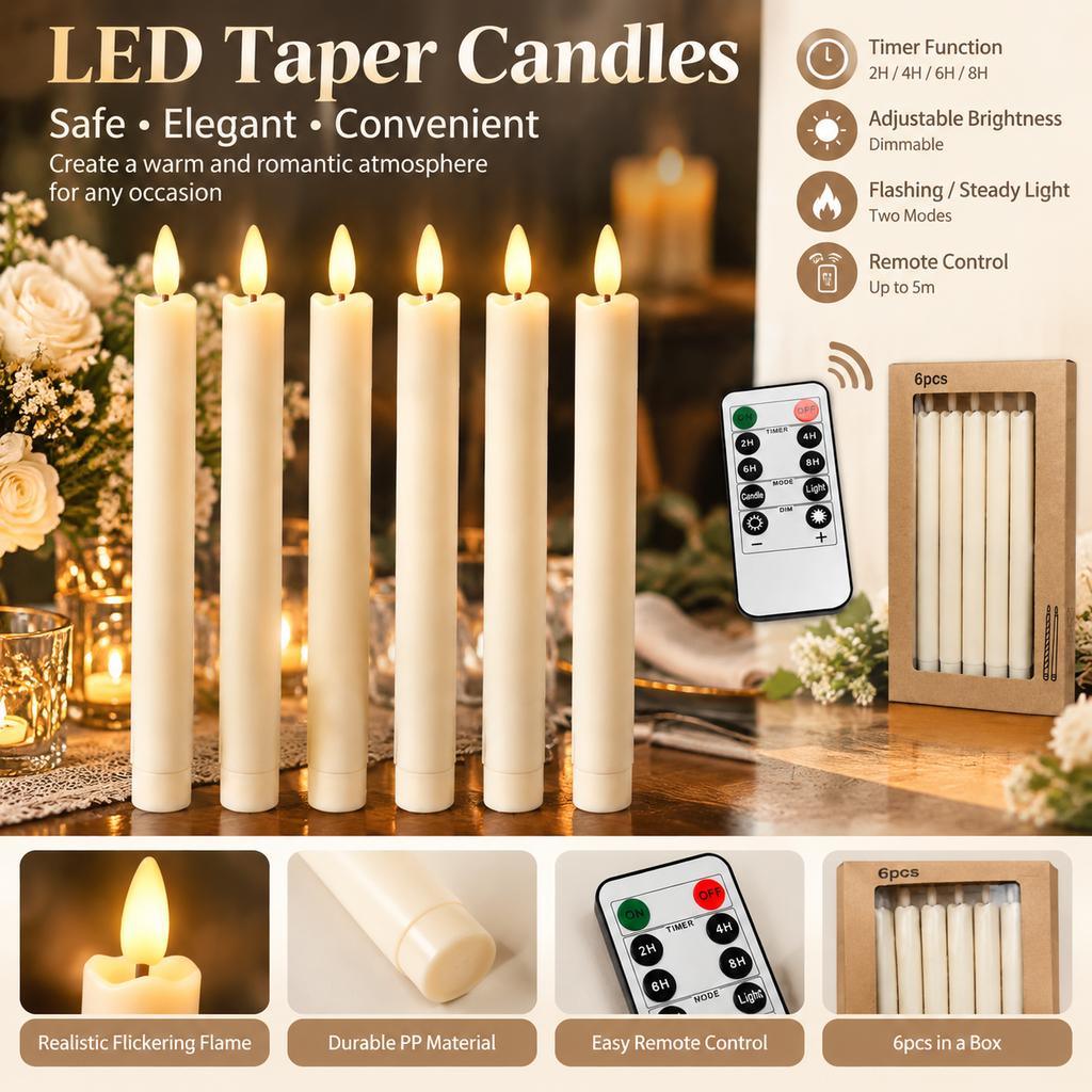 LED Electronic Candle Wavy Long Stem Remote Control Timer Smokeless Decor