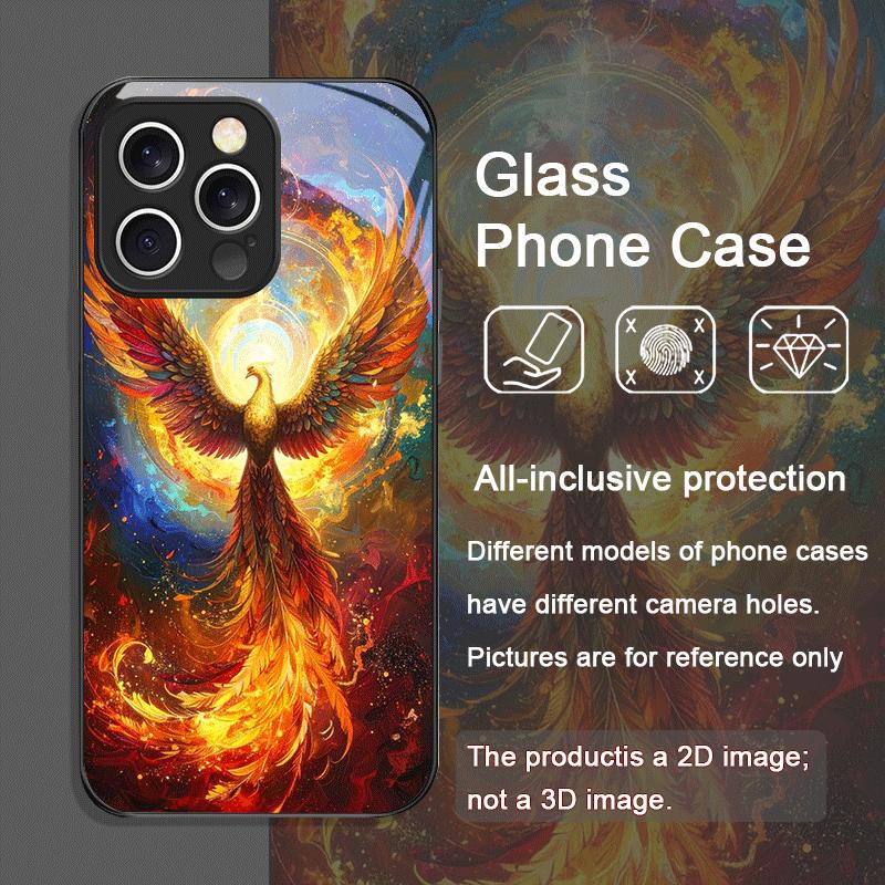Aesthetic Phoenix Fire Feather Pattern Tempered Glass Phone Case for iPhone 17 16 Pro Max 15 14 Plus 13 12Mini 11 X XS MAX Cover
