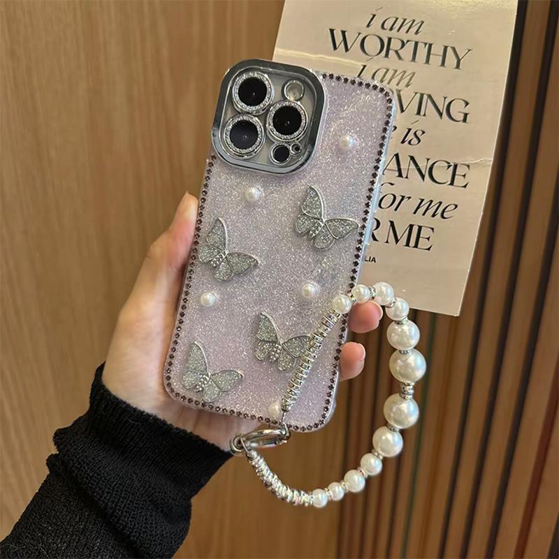 Rhinestone Butterfly Pearl Mobile Phone Case Is Suitable For Apple 17Promax Epoxy Glitter Iphone16 Fine Hole Anti-Drop Women