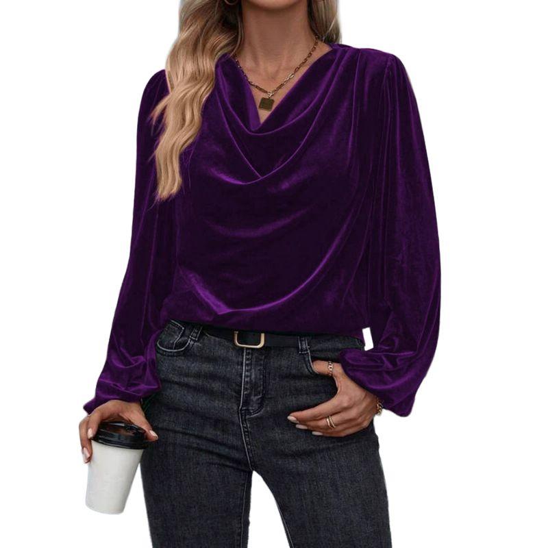 Women Swing Collar Long Sleeve Velvet Top