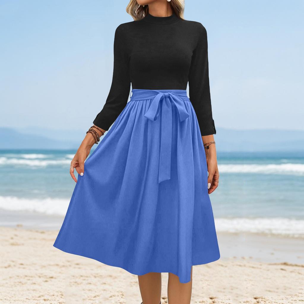 Dámské módní ležérní šaty se sedmirukávovým kulatým výstřihem v jednobarevném provedení