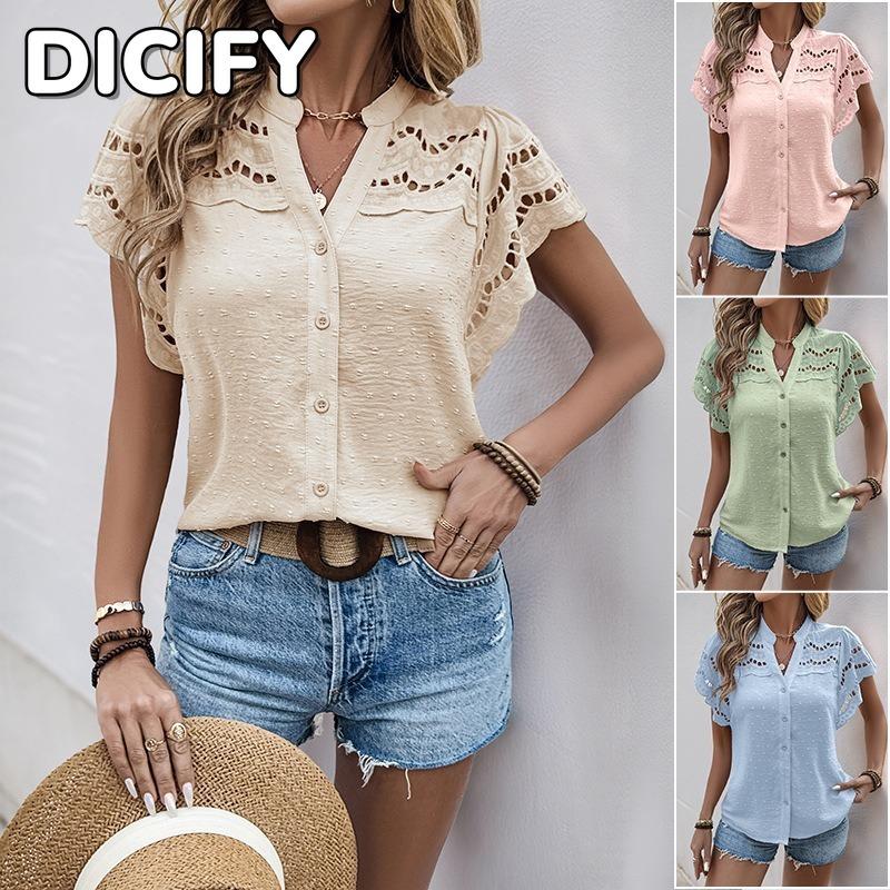 DICFY Women's Fashion Casual Summer Spring V-Neck Short Sleeve Blouses & Shirts