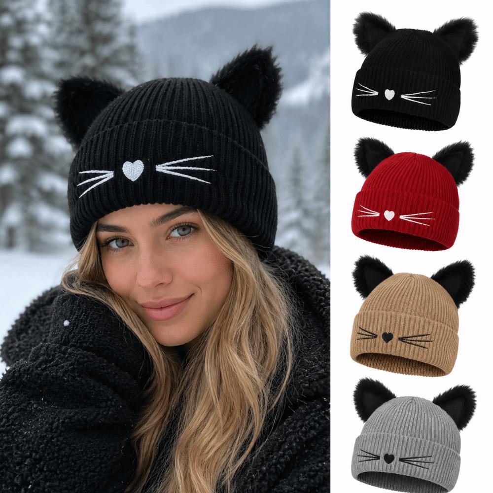 Embroidery Cat Ear Beanie Faux Fur Skull Cap Streetwear Winter Hat  Autumn Winter