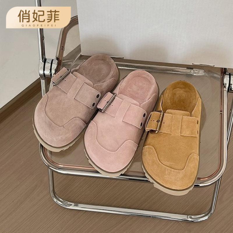

New bag head thick-soled drag women s shoes genuine leather retro versatile outer wear one foot and half slippers 35 рожевий