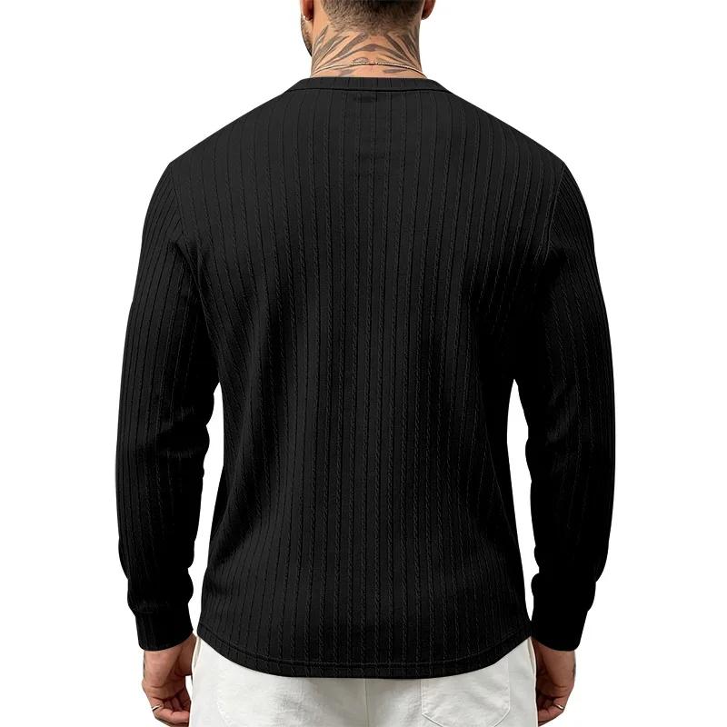 Spring Autumn Men's Knit T-Shirts Henry Collar Solid Color Striped Casual Tshirt Men Vintage Style Fashion Knitted Pullover Tees