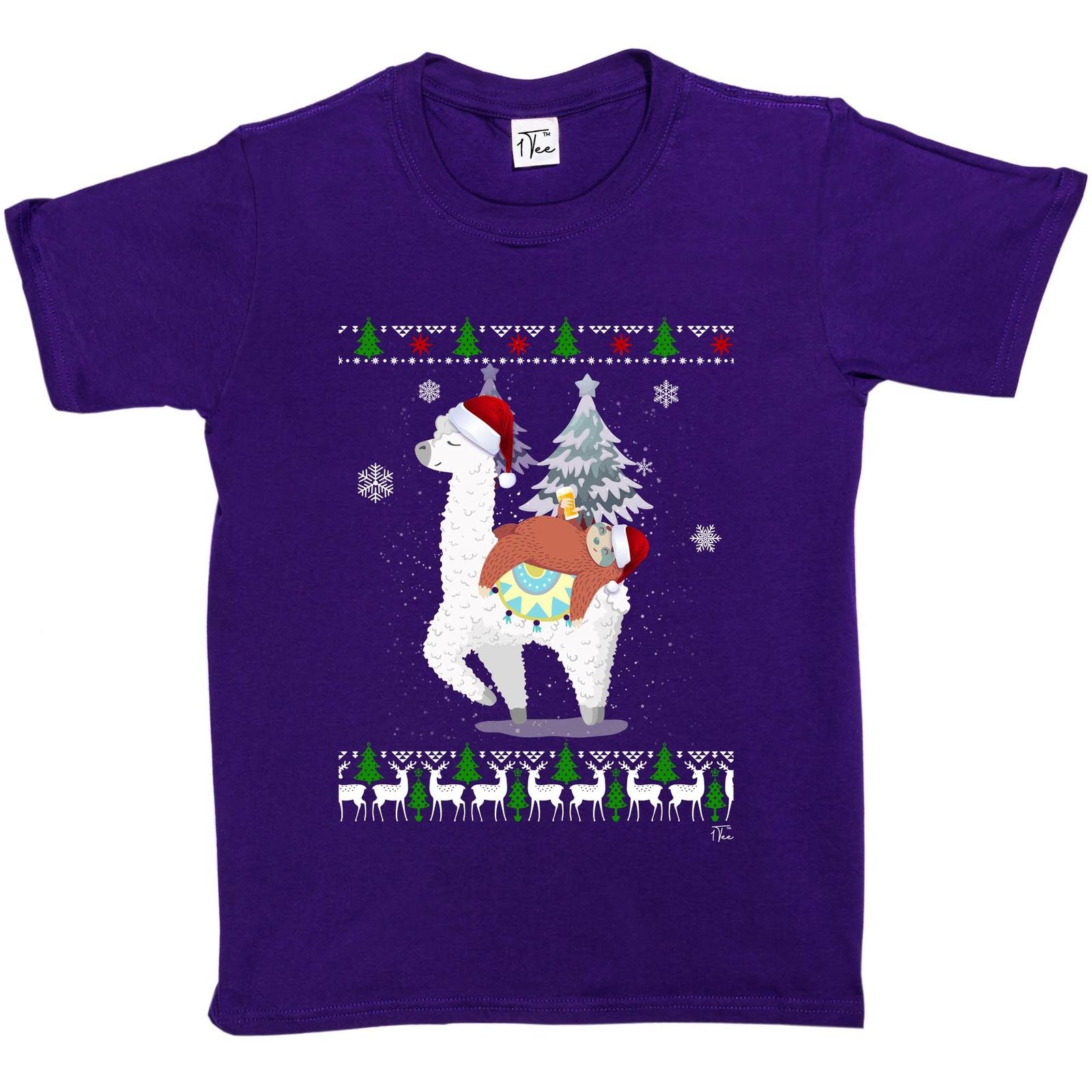1Tee Kids Girls Llama and Drunk Sloth at Christmas T-Shirt XXXXL