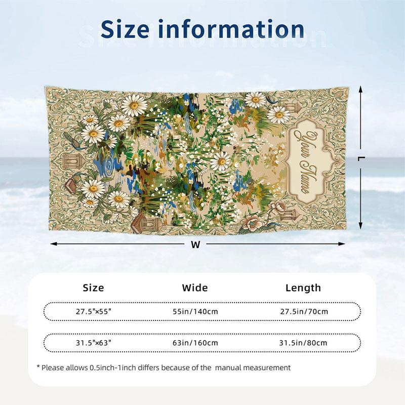 Floral Garden Theme Beach Towel Personalized Custom Name & Text Soft Quick Dry Beach Towel for Swimming Travel