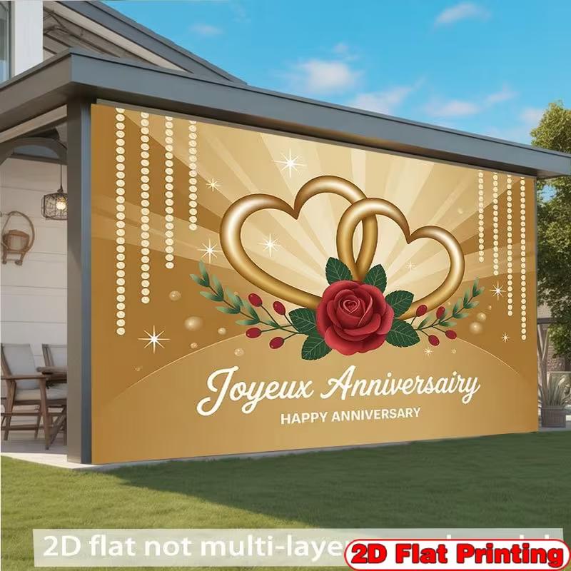 2D Gold Heart Anniversary Backdrop, Joyeux Happy Anniversary Photography Background