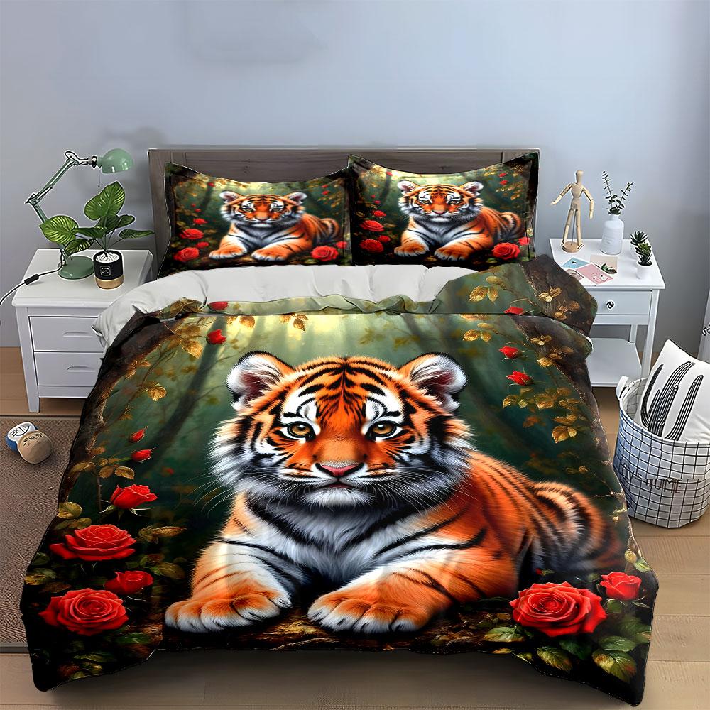 Tiger with Red Roses Forest Bedding Duvet Cover Set  (1*Duvet Cover 2*Pillowcases, Without Duvet Insert)
