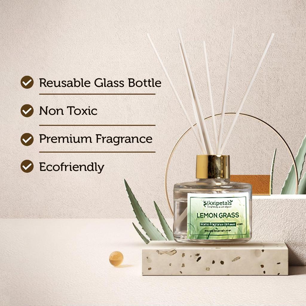 PIKXIPETALS Lemongrass Reed Diffuser – 120ml Natural Fragrance Air Freshener for Home, Office, Bedroom & Spa – Long-Lasting Odor Eliminator, Idea