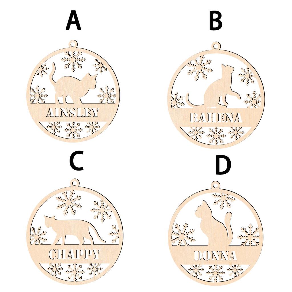 Personalized Custom Name Cat Wooden Christmas Ornament Laser Cut Snowflake Round Hanging Bauble Xmas Tree Pendant Pet Lover Gift