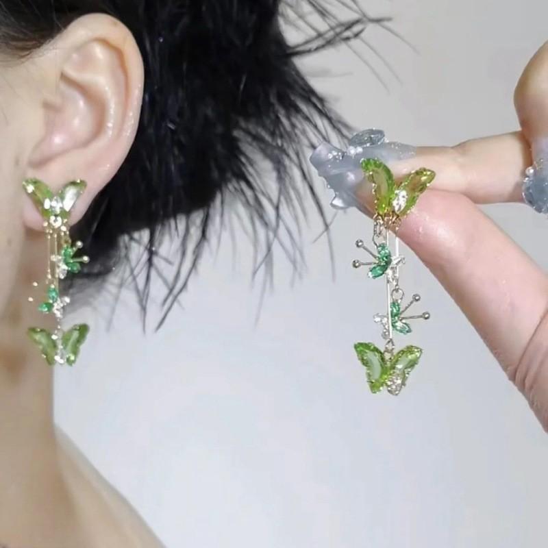 925 Silver Needle Green Red Butterfly Long Tassel Earrings For Women Jewelry Trending Korean Fashion Crystal Drop Earrings