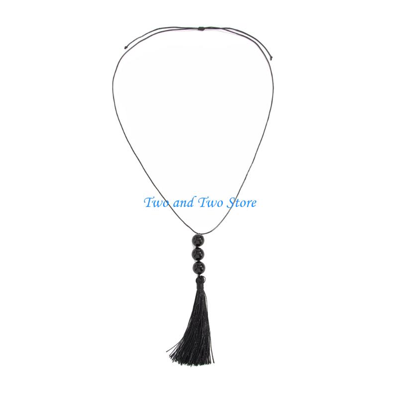 HX6F Stylish Retro Long Fringe Necklace Featuring Black Resin Beads And Wax String