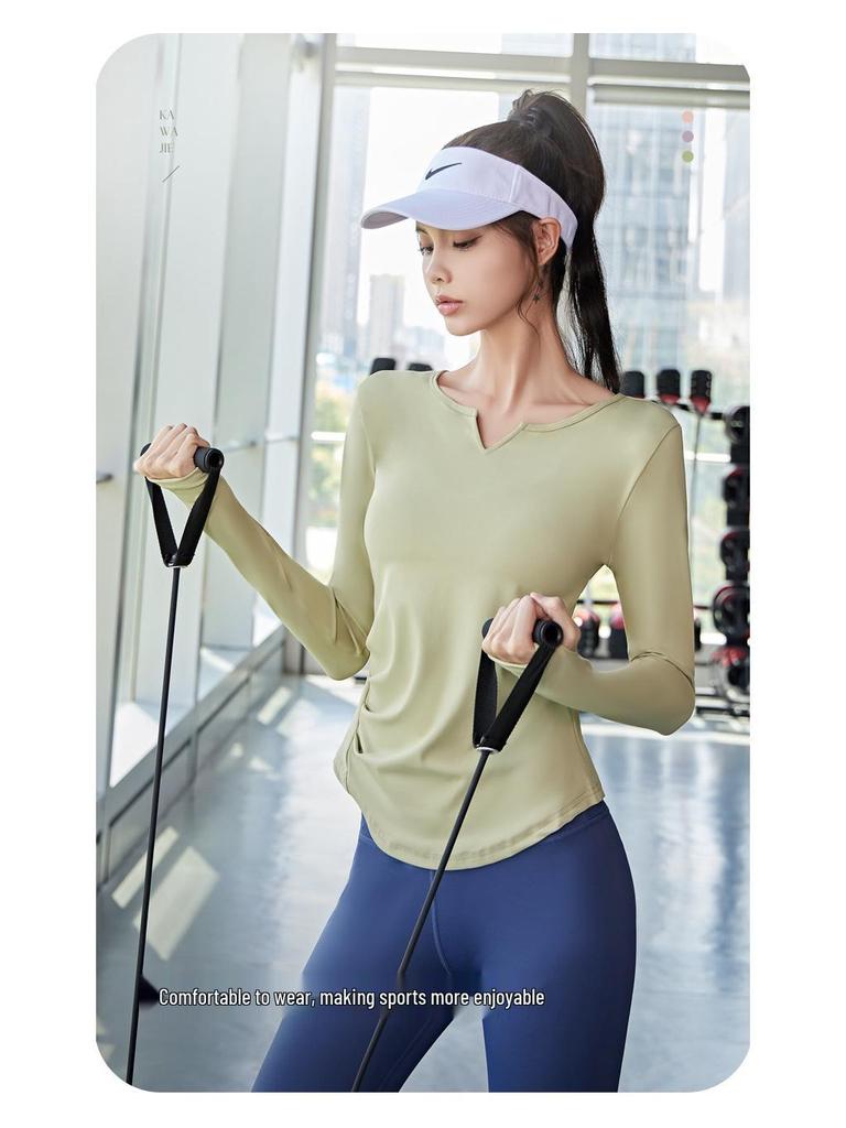 Juyi Hall Solid V-Neck Ruched Long Sleeve Women's Bodycon Yoga Top