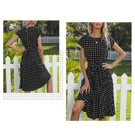 Women Polka Dot Print Midi Dress Crewneck Short Sleeve A-line Dress with Belt Summer