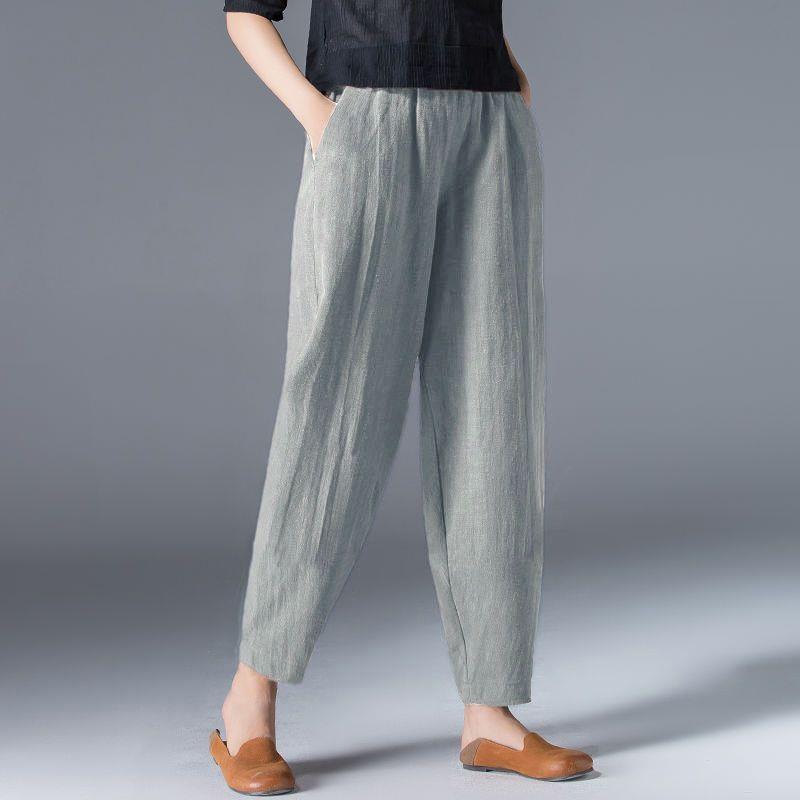 Damen Frühlings-Baumwoll-Leinen High Waist Schlankmachende Haremshose - Locker, Vielseitig, Große Größen Cropped Karottenstil