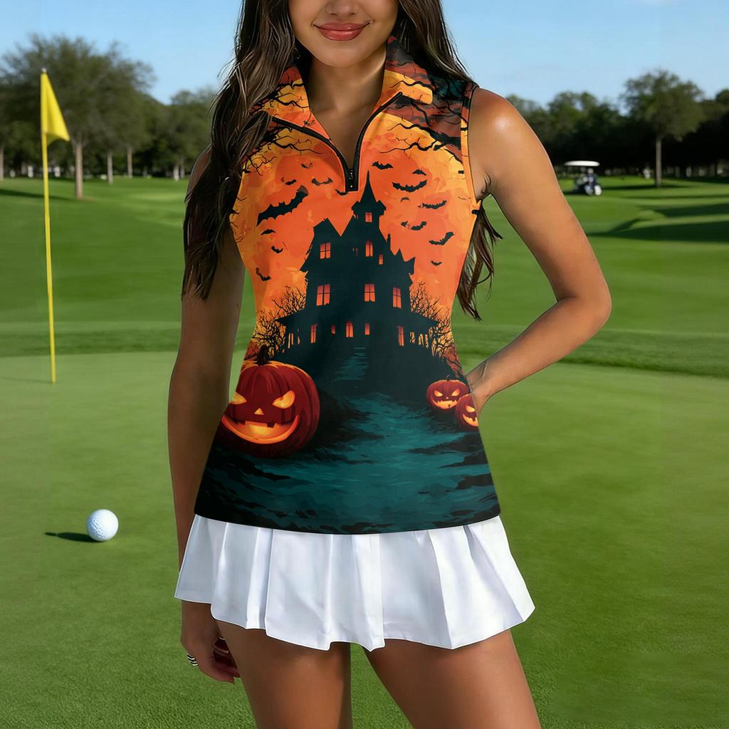 Women's Golf Sleeveless Shirt with Zipper Front and Collar, Halloween Print Athletic Vest Top for Sports