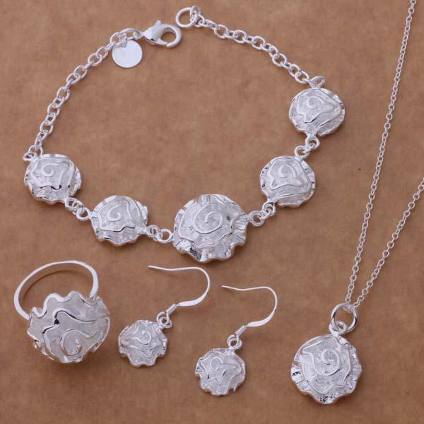 Rose Flower 925 Sterling Silver Plated Jewelry Set: European & American Fashion Earrings, Necklace, Bracelet & Ring